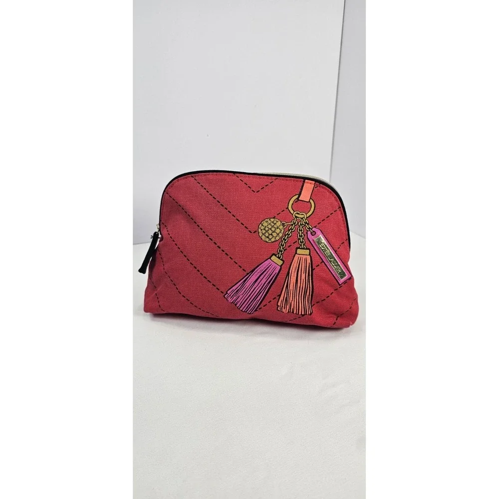 Estée Lauder Tassel Print Cosmetic Makeup Bag Red Canvas Zip Pouch Pink‎ Lining